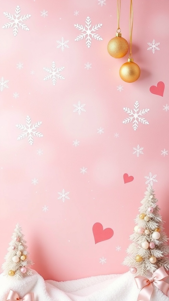 Pink Christmas wallpaper with snowflakes and ornaments, creating a festive atmosphere.